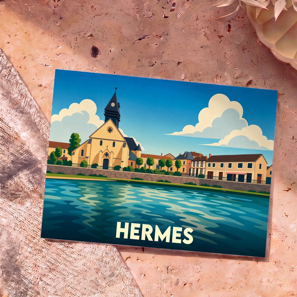 Carte postale souvenir de la ville de Hermes avec une illustration stylisée des bords de l'Oise.