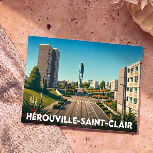 Carte postale souvenir de la ville de Hérouville-Saint-Clair avec une illustration stylisée montrant son architecture moderne.