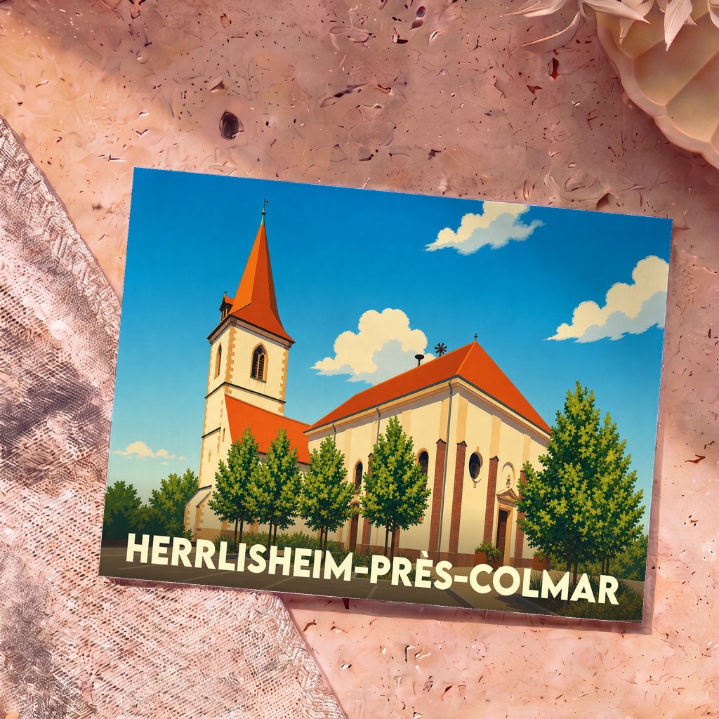 Carte postale souvenir de Herrlisheim-près-Colmar arborant une illustration stylisée de son église.