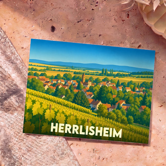 Carte postale souvenir de la ville de Herrlisheim avec une illustration stylisée de son village et de ses vignobles.