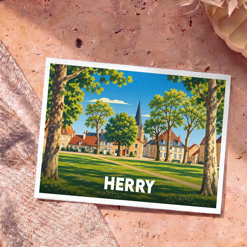 Carte postale souvenir de la ville de Herry avec une illustration stylisée d'un parc arboré et de maisons traditionnelles.
