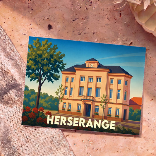 Carte postale souvenir de la ville de Herserange avec une illustration stylisée de son hôtel de ville.