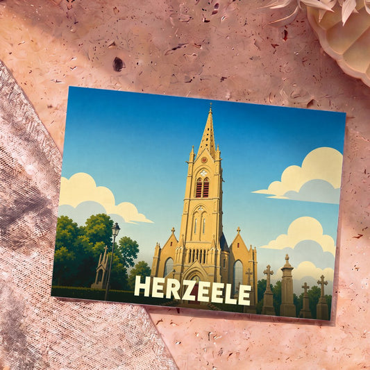 Carte postale souvenir de la ville de Herzeele avec une illustration stylisée de son église et de son cimetière.