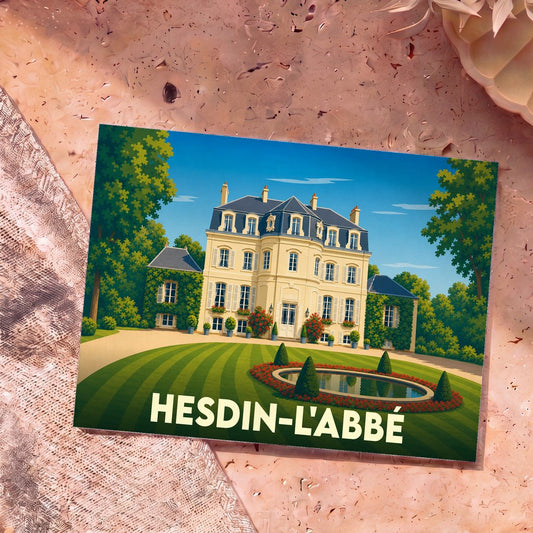 Carte postale souvenir de la ville de Hesdin-l'Abbé illustrant un château entouré de jardins.