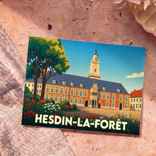 Carte postale souvenir de la ville de Hesdin-la-Forêt avec une illustration stylisée de son hôtel de ville.