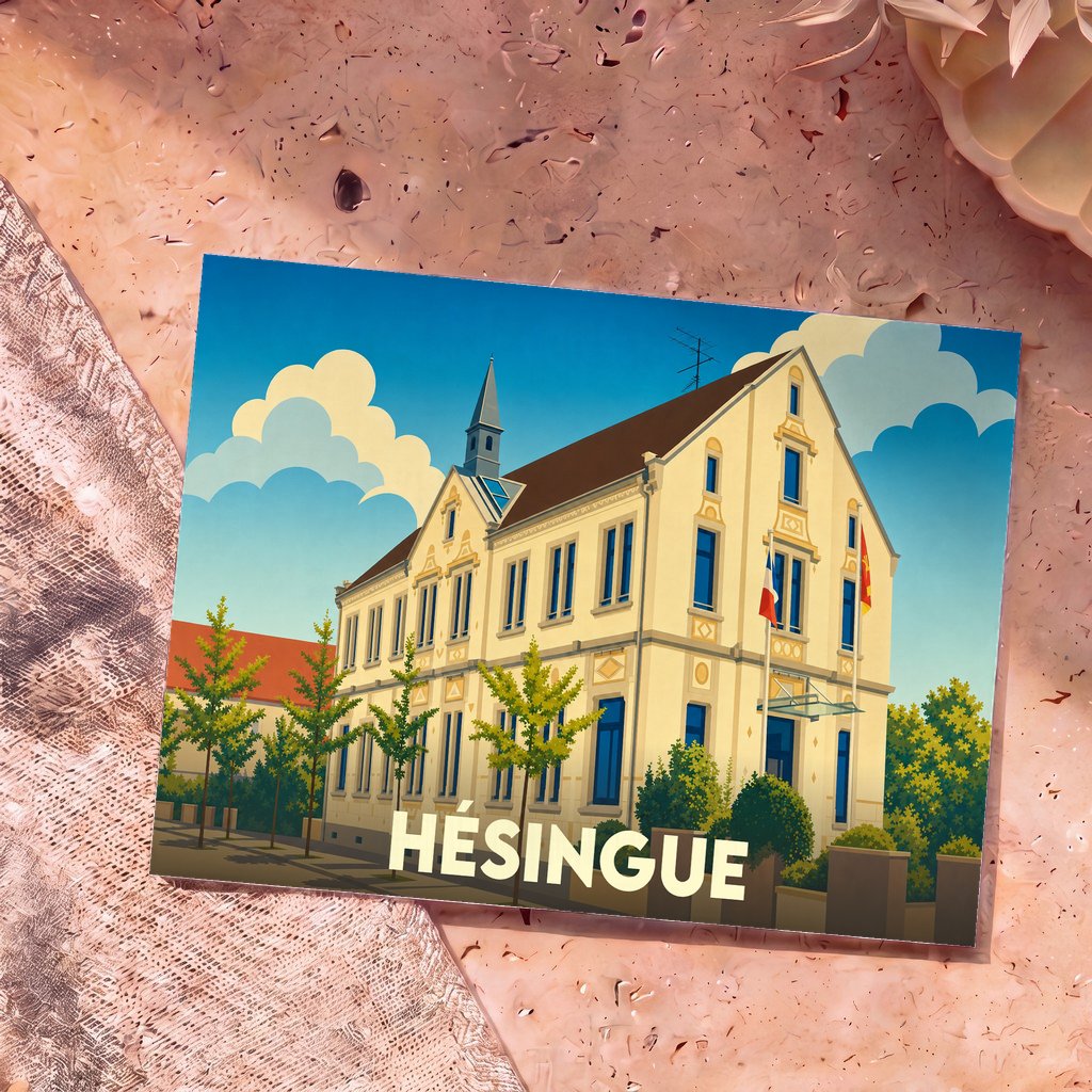 Carte postale souvenir de la ville de Hésingue arborant une illustration stylisée de son architecture locale.