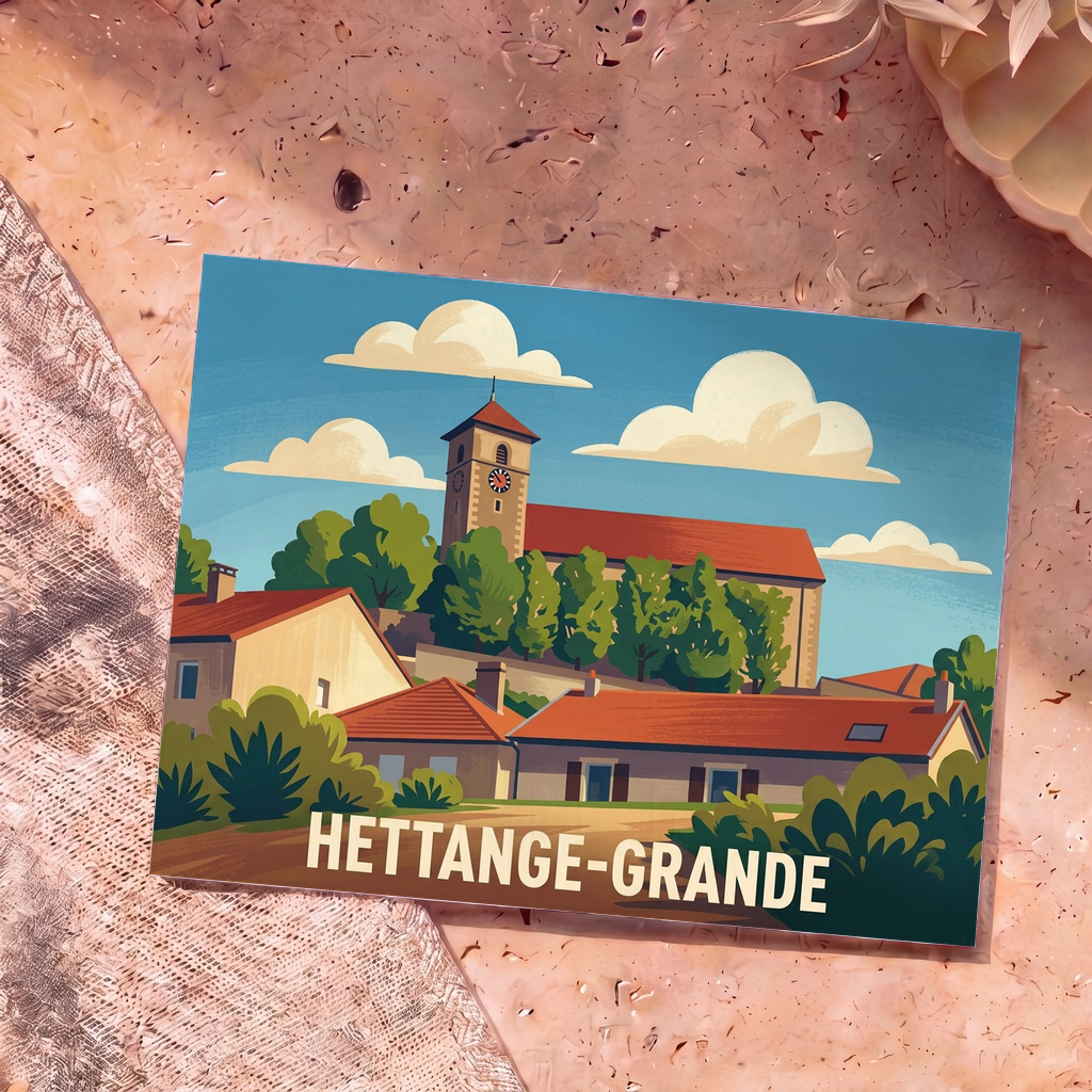 Carte postale souvenir de la ville de Hettange-Grande avec une illustration stylisée de son église et de ses maisons.