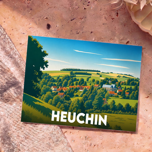 Carte postale souvenir de la ville de Heuchin avec une illustration stylisée de son paysage rural.