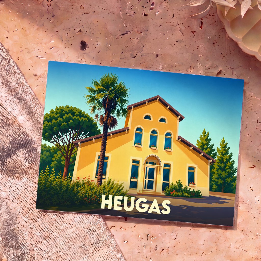 Carte postale souvenir de la ville de Heugas avec une illustration stylisée d'une maison landaise et d'un palmier.