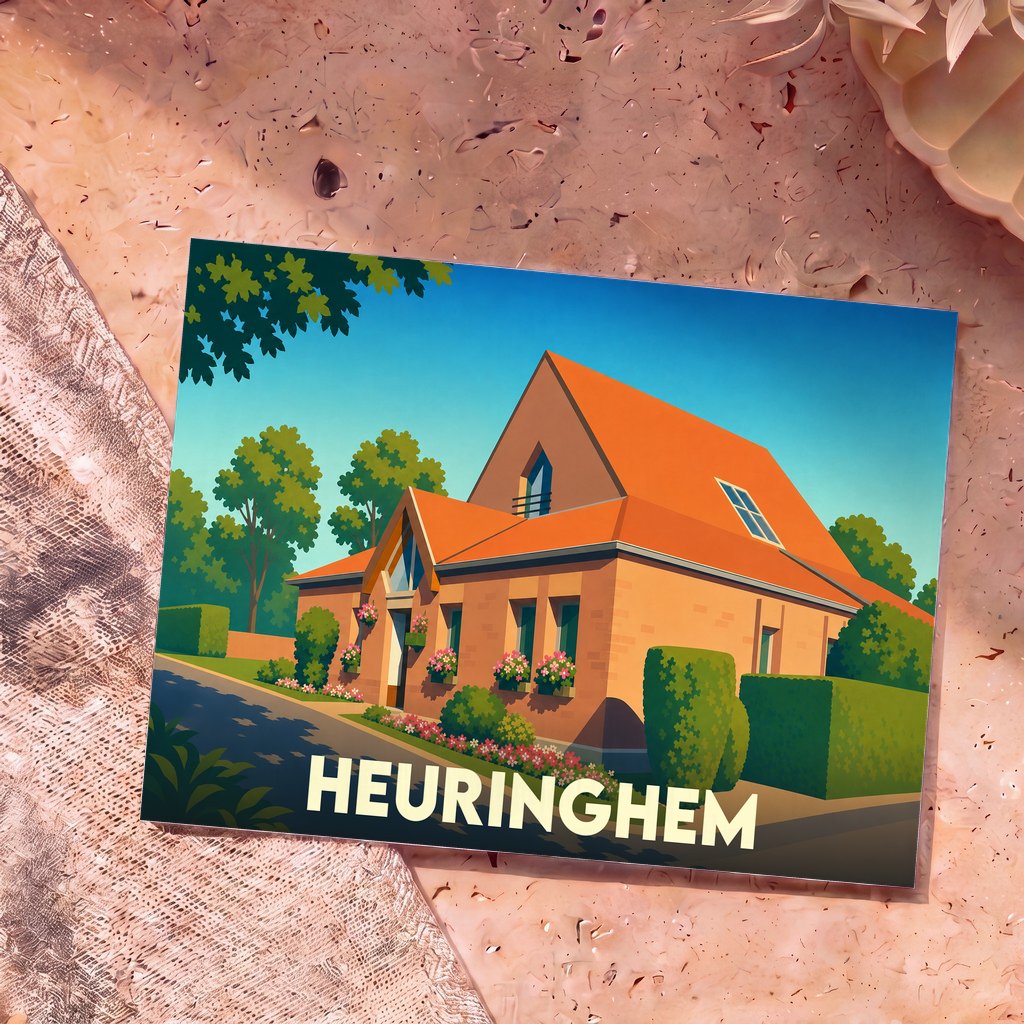 Carte postale souvenir de la ville de Heuringhem avec une illustration stylisée d'une maison traditionnelle.