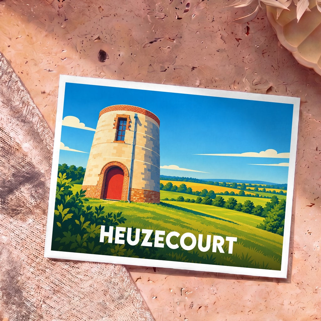 Carte postale souvenir de la ville de Heuzecourt avec une illustration stylisée d'un moulin ancien.