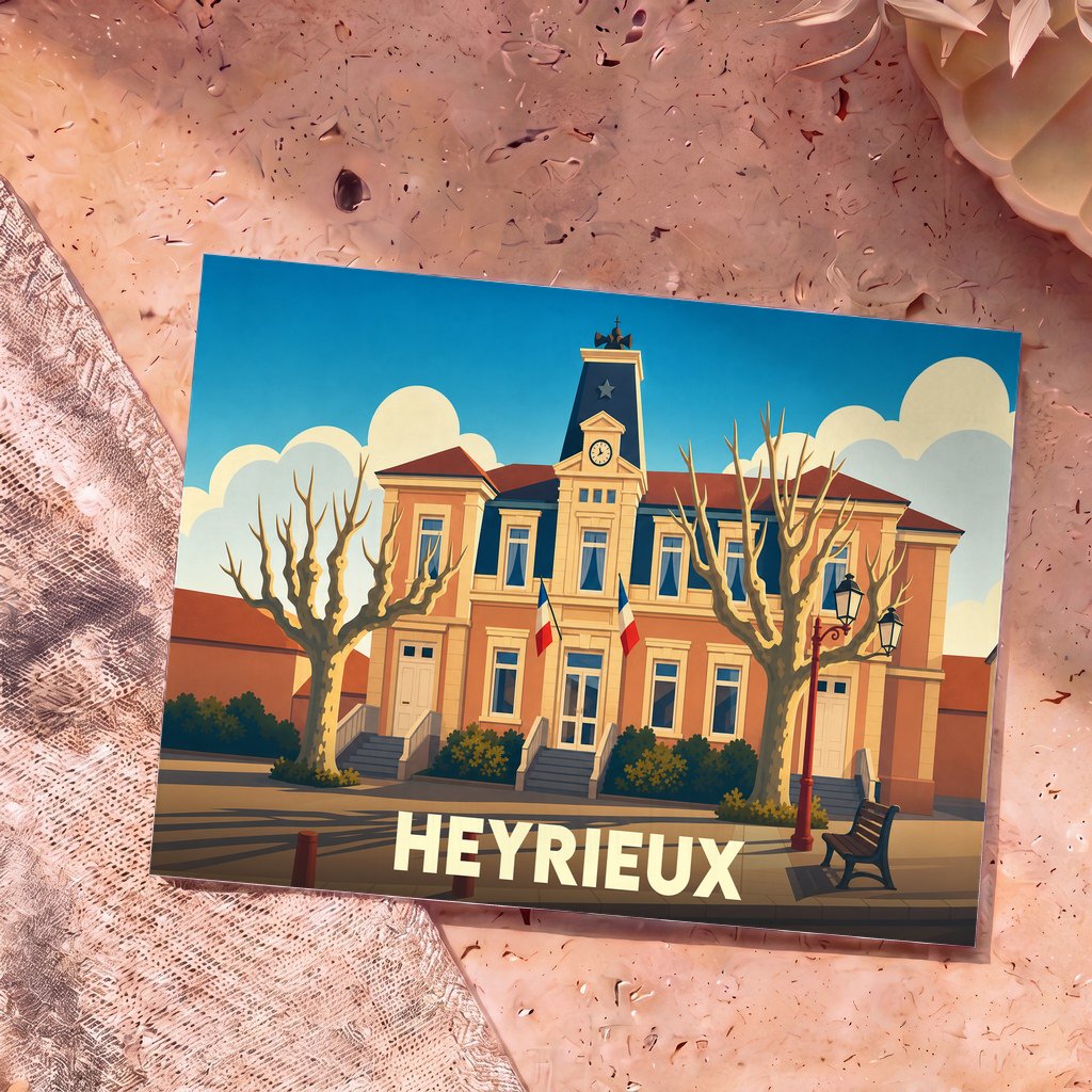 Carte postale souvenir de la ville de Heyrieux avec une illustration stylisée de sa mairie.