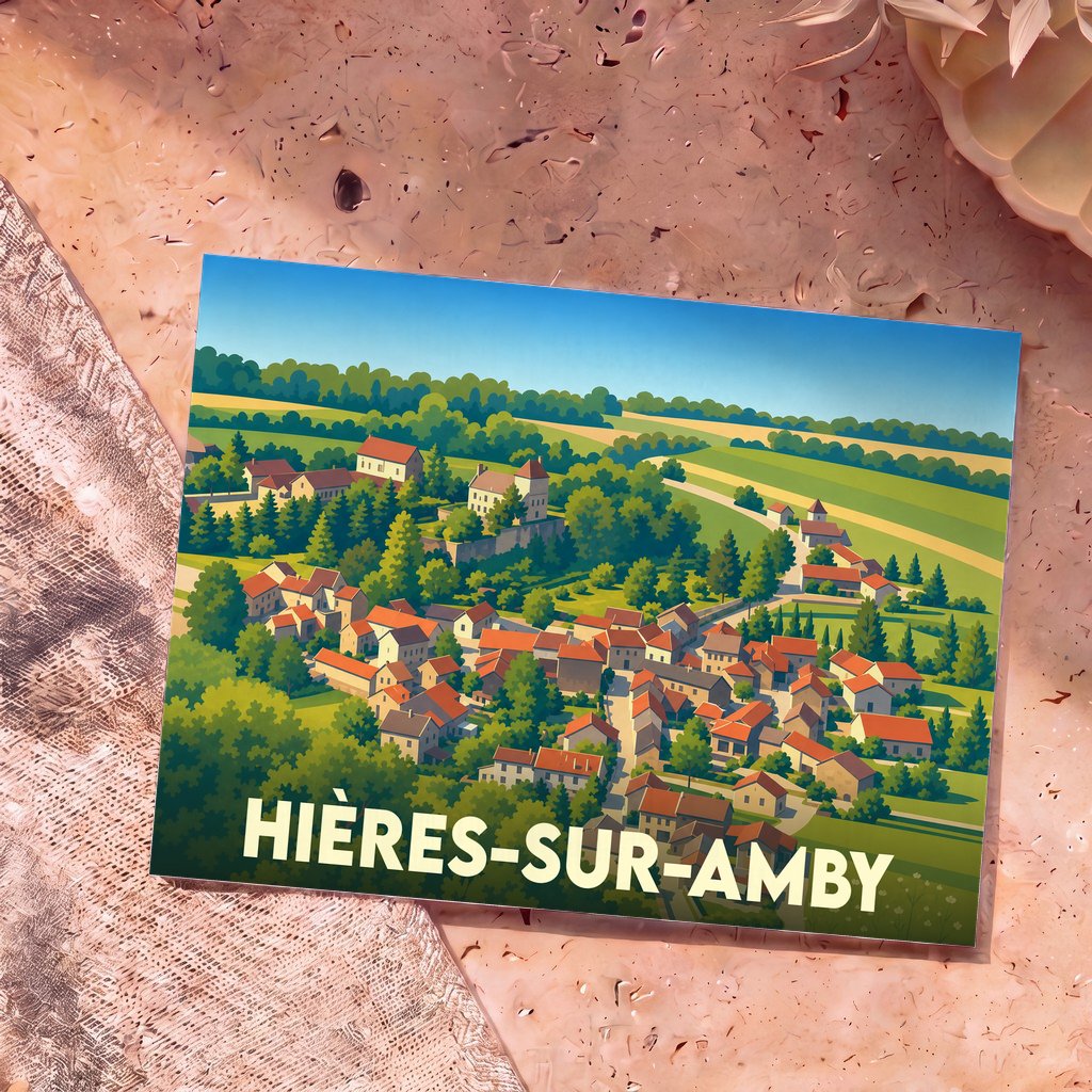 Carte postale souvenir de la ville de Hières-sur-Amby avec une illustration stylisée et colorée.