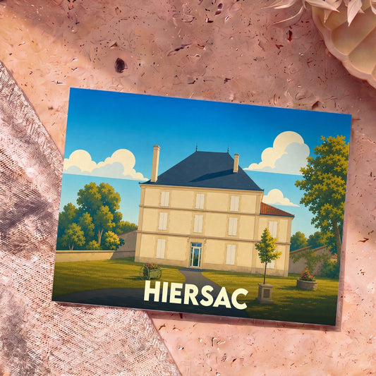 Carte postale souvenir de la ville de Hiersac illustrant une grande demeure de style charentais sous un ciel bleu.