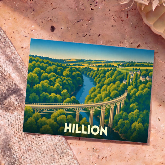 Carte postale souvenir de la ville de Hillion illustrant un viaduc surplombant une vallée verdoyante dans un style graphique épuré.