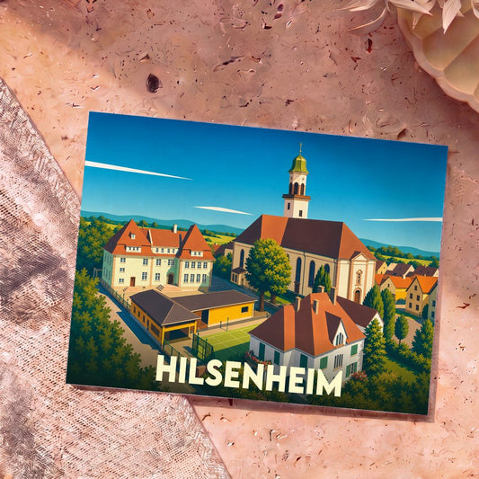 Carte postale souvenir de la ville de Hilsenheim avec une illustration stylisée montrant l'église et les maisons du village.