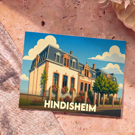 Carte postale souvenir de la ville de Hindisheim avec une illustration stylisée de son architecture locale.