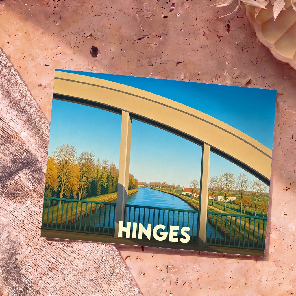 Carte postale souvenir de la ville de Hinges avec une illustration stylisée d'un pont au-dessus d'un canal.