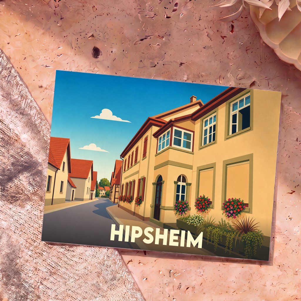 Carte postale souvenir de la ville de Hipsheim avec une illustration stylisée d'une rue pittoresque.