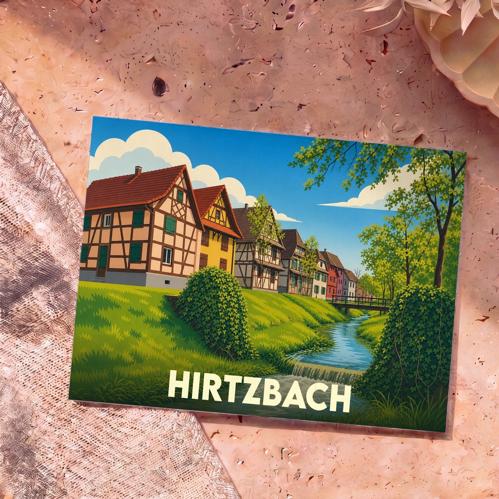 Carte postale souvenir de la ville de Hirtzbach avec une illustration stylisée de maisons à colombages bordant un cours d'eau.