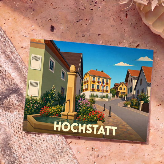 Carte postale souvenir de la ville de Hochstatt avec une illustration colorée de sa place de la mairie et d'une fontaine fleurie.