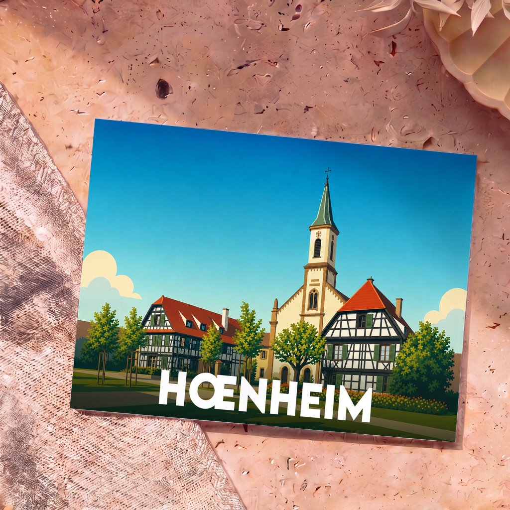Carte postale souvenir de la ville de Hœnheim avec une illustration stylisée de son église et de maisons à colombages.