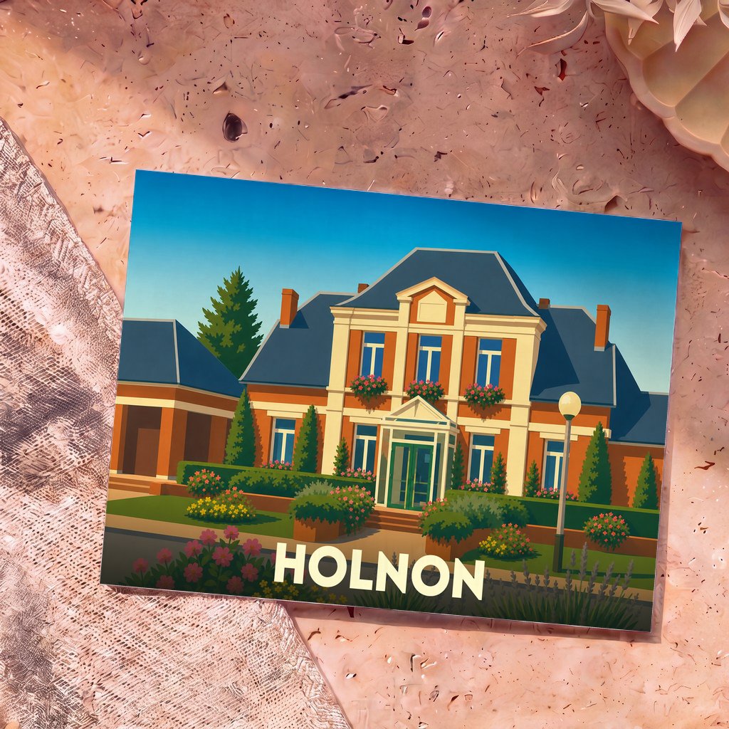 Carte postale souvenir de la ville de Holnon avec une illustration stylisée de sa mairie.