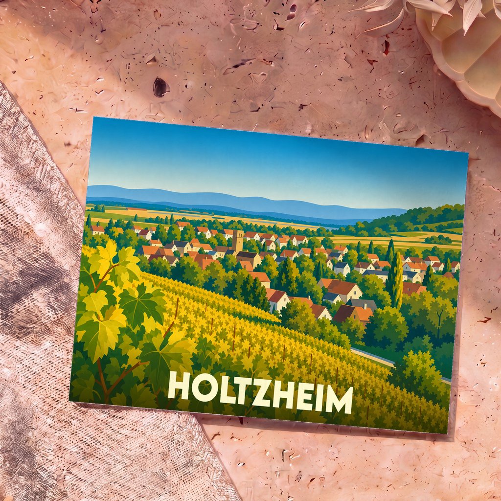Carte postale souvenir de la ville de Holtzheim illustrant un paysage de vignobles et de maisons alsaciennes.