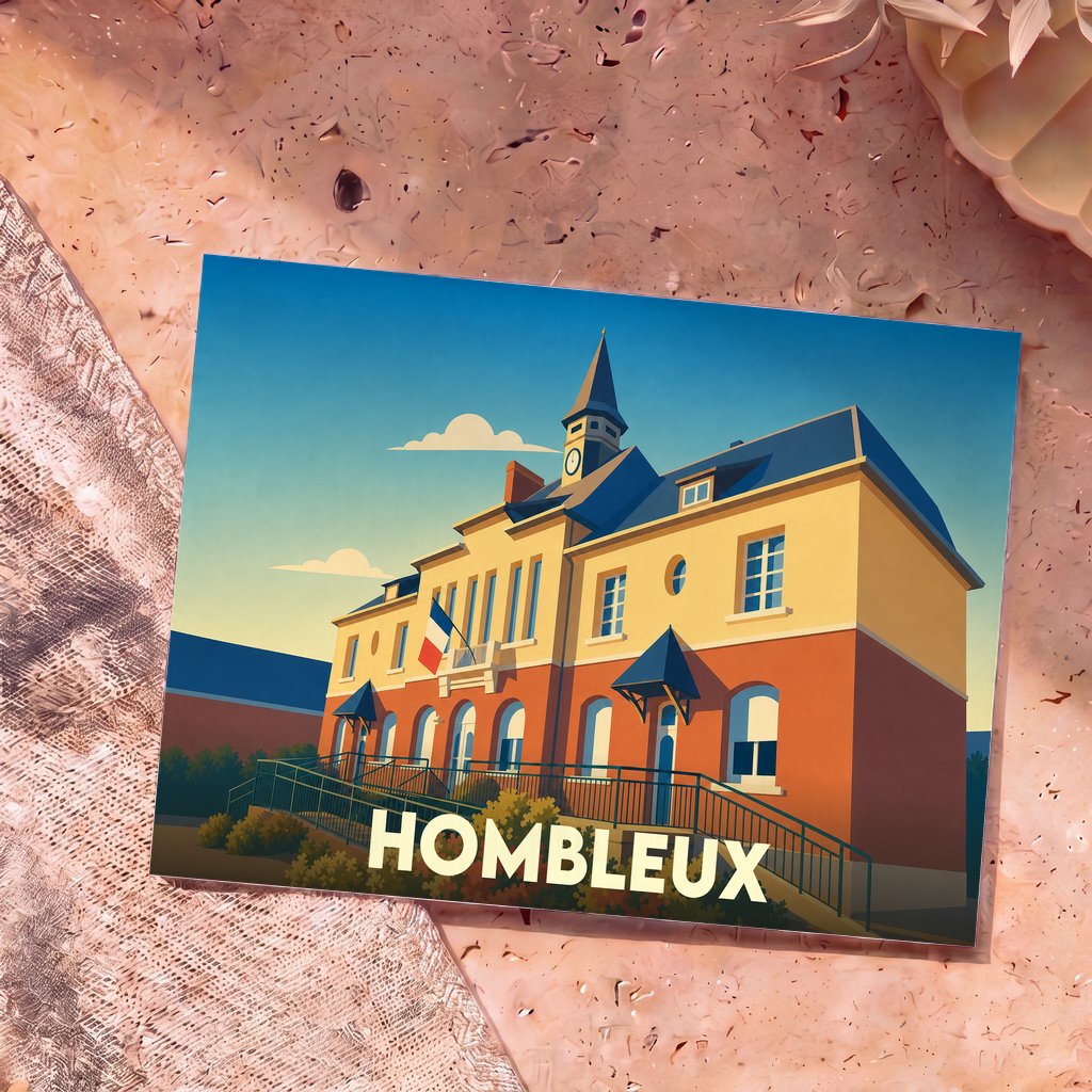 Carte postale souvenir de la ville de Hombleux avec une illustration stylisée de sa mairie.