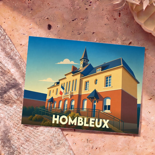 Carte postale souvenir de la ville de Hombleux avec une illustration stylisée de sa mairie.