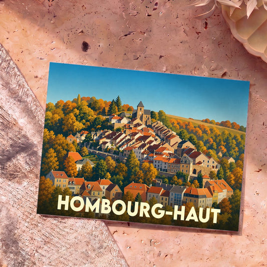 Carte postale souvenir de la ville de Hombourg-Haut avec une illustration stylisée d'un village pittoresque en automne.