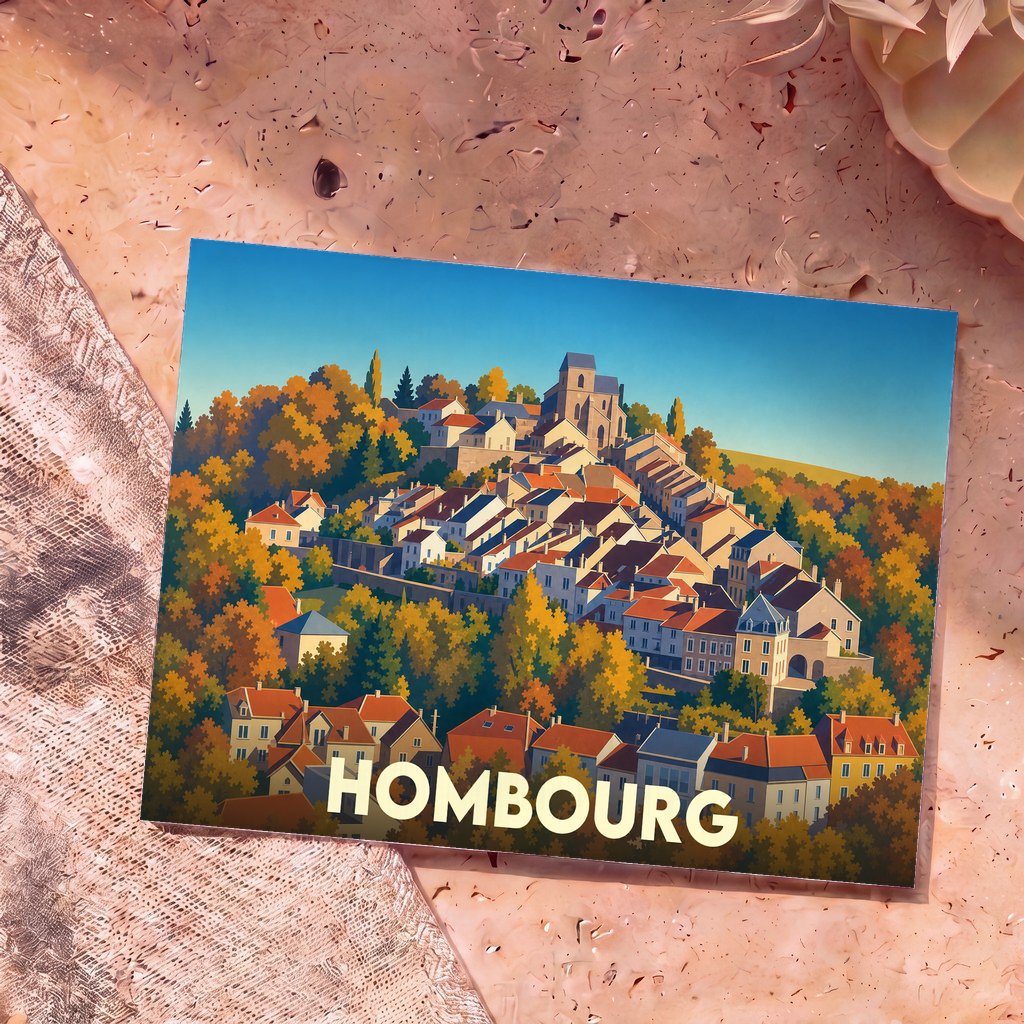 Carte postale souvenir de la ville de Hombourg avec une illustration stylisée d'un village vallonné en automne.