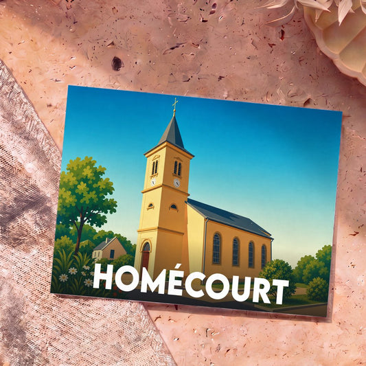 Carte postale souvenir de la ville de Homécourt illustrant son église dans un style graphique épuré.
