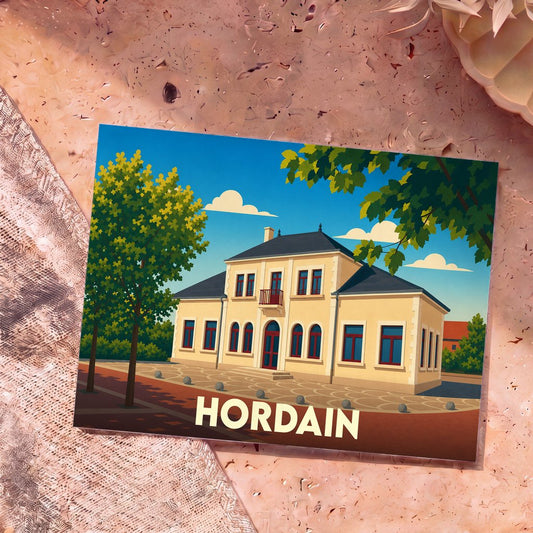 Carte postale souvenir de la ville de Hordain avec une illustration stylisée de son hôtel de ville.