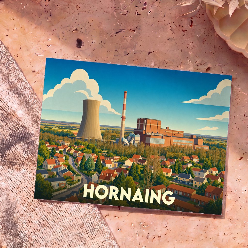 Carte postale souvenir de la ville de Hornaing avec une illustration stylisée de sa centrale thermique surplombant les habitations.