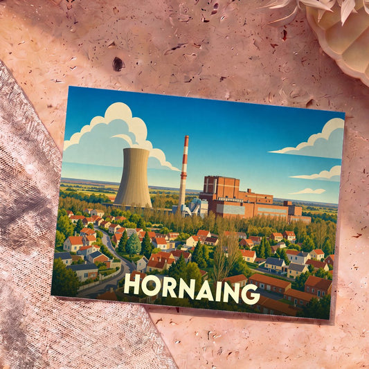Carte postale souvenir de la ville de Hornaing avec une illustration stylisée de sa centrale thermique surplombant les habitations.