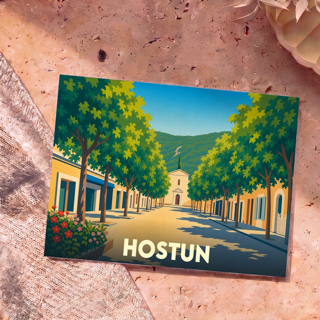 Carte postale souvenir de la ville de Hostun avec une illustration stylisée d'une rue bordée d'arbres menant à une église.