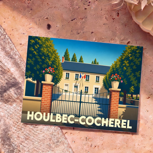 Carte postale souvenir de la ville de Houlbec-Cocherel illustrant sa mairie avec un style graphique épuré.