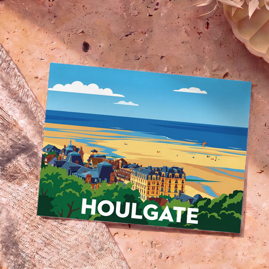 Carte postale souvenir de la ville de Houlgate avec une illustration stylisée de son front de mer.