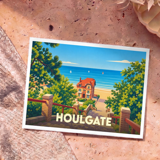 Carte postale souvenir de la ville de Houlgate avec une illustration colorée et stylisée du bord de mer.