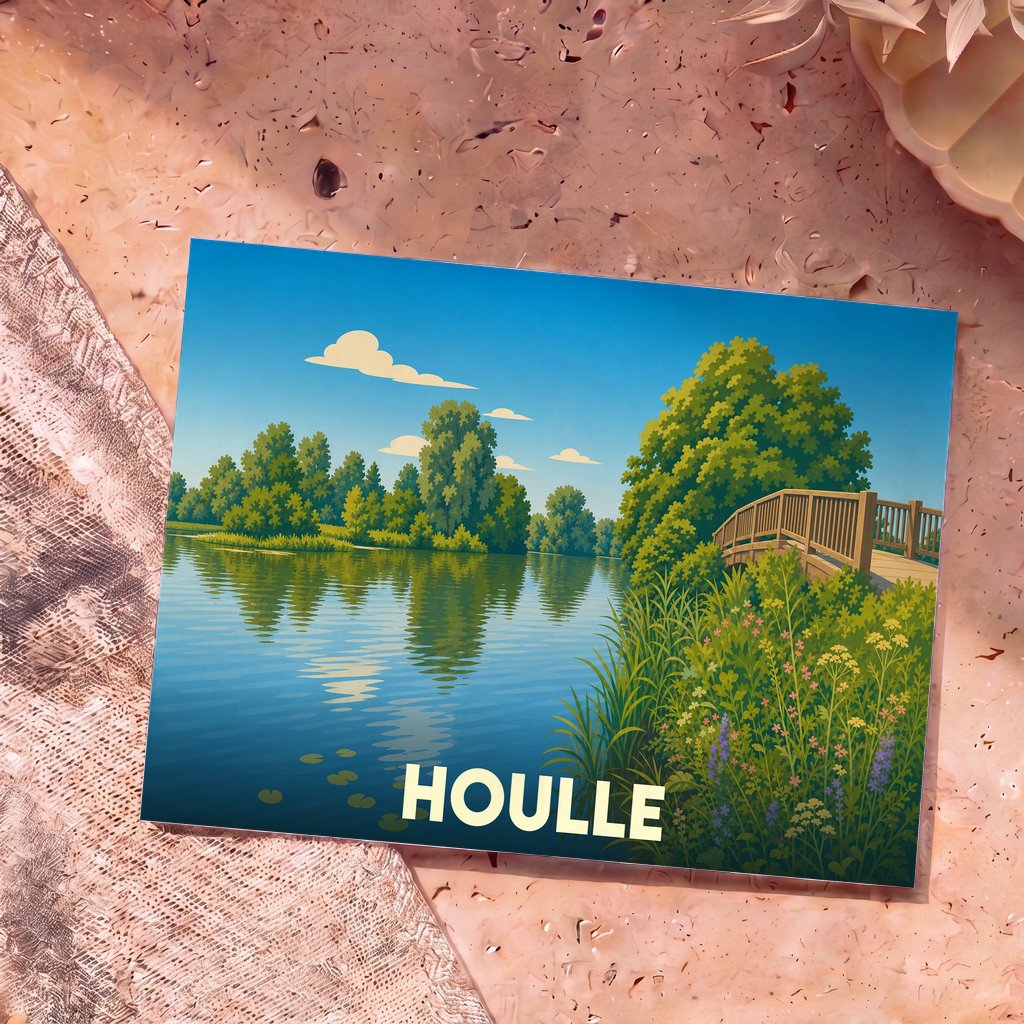 Carte postale souvenir de la ville de Houlle représentant une illustration stylisée d'un paysage de rivière avec un pont de bois.