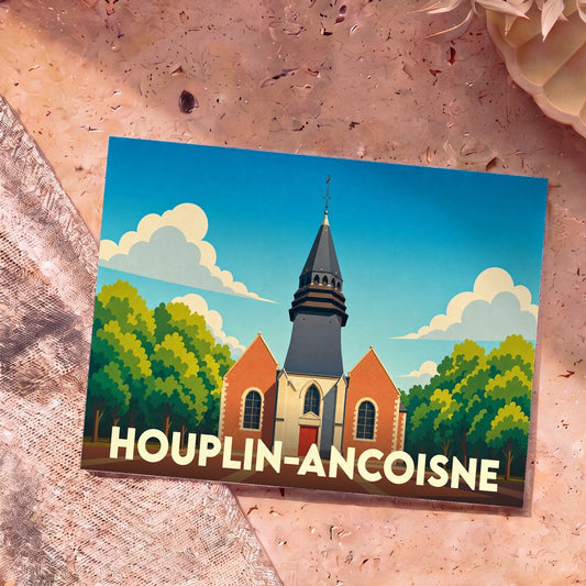 Carte postale souvenir de la ville de Houplin-Ancoisne avec une illustration stylisée de son église.