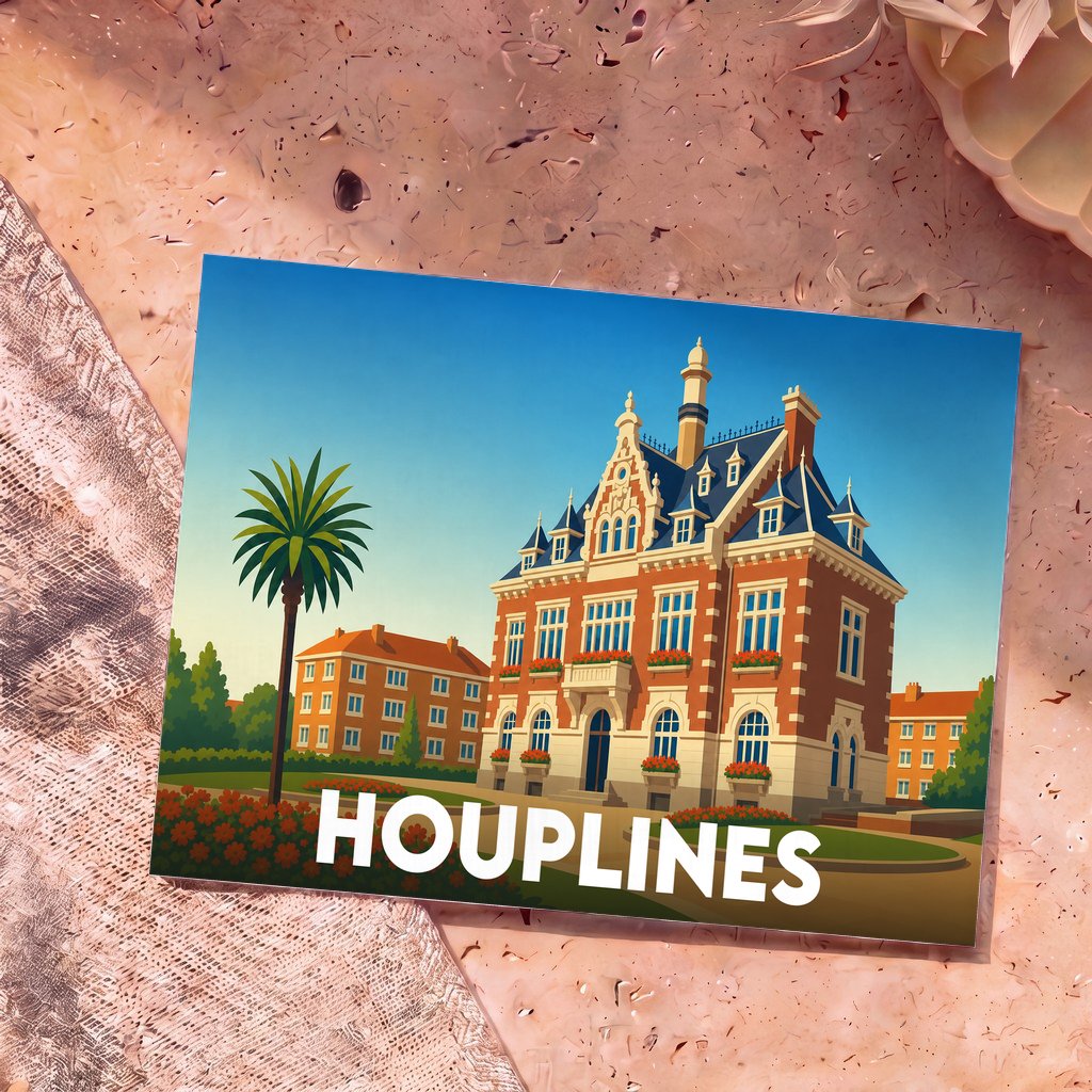 Carte postale souvenir de la ville de Houplines avec une illustration stylisée de son hôtel de ville.