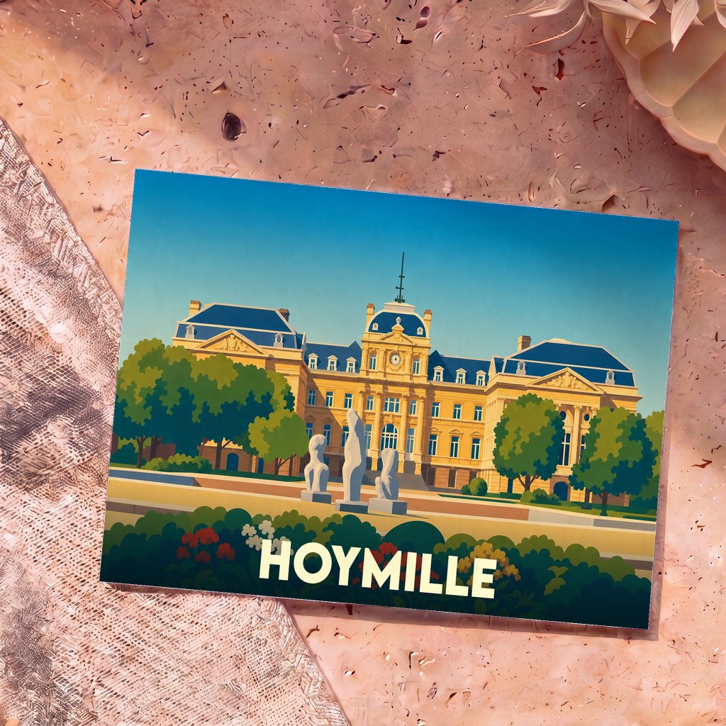 Carte postale souvenir de la ville de Hoymille avec une illustration stylisée de son patrimoine.