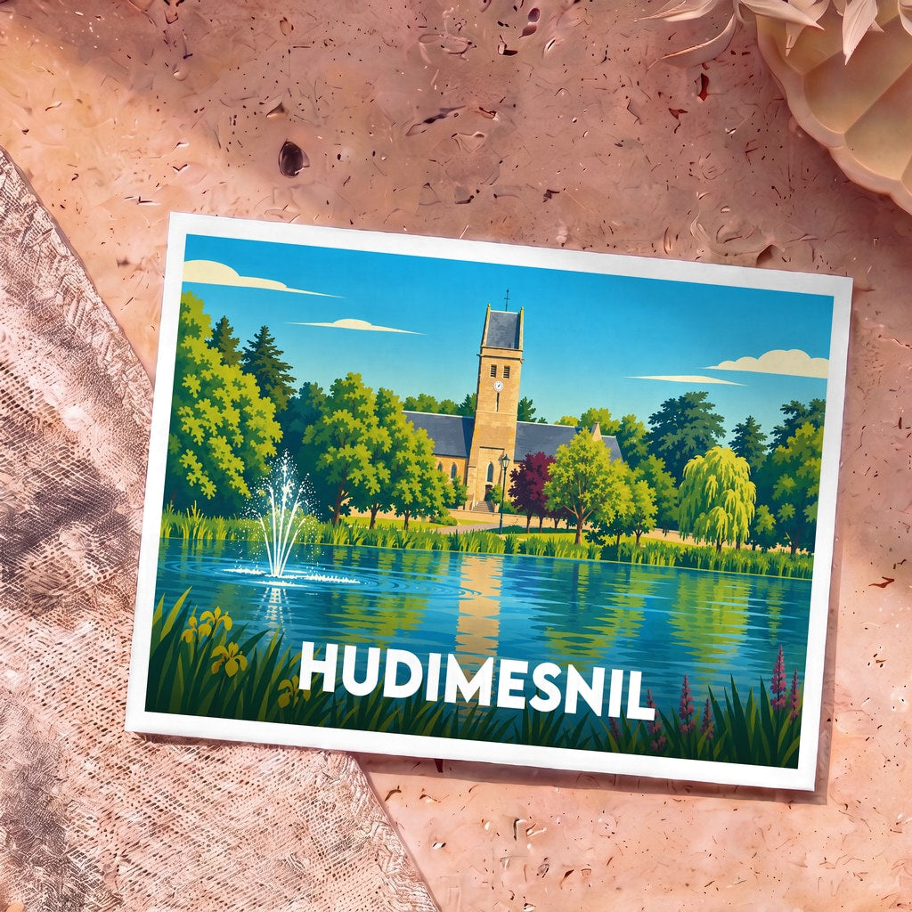 Carte postale souvenir de la ville de Hudimesnil avec une illustration stylisée d'une église au bord de l'eau.