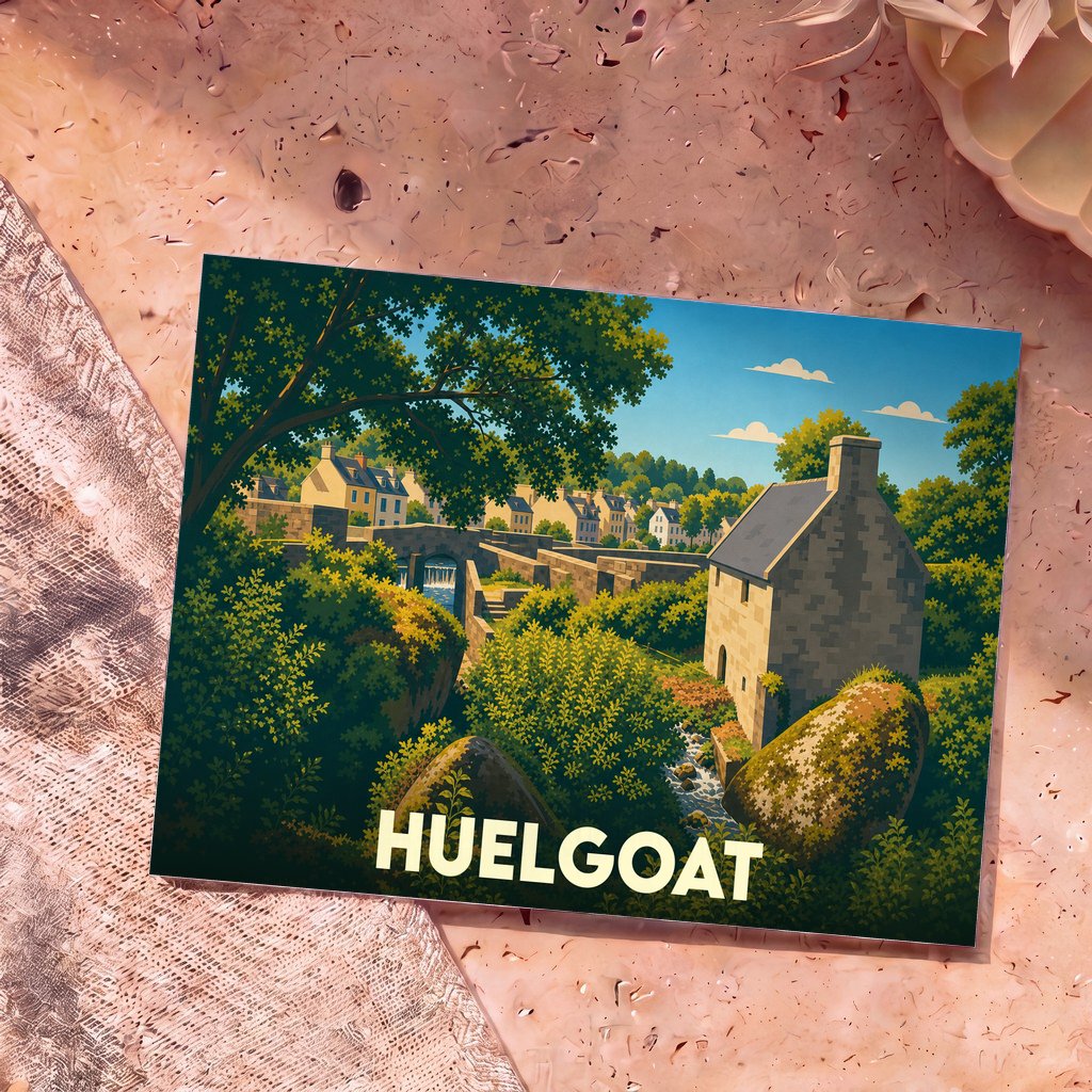 Carte postale souvenir de la ville de Huelgoat avec une illustration stylisée de son moulin et de son chaos rocheux.