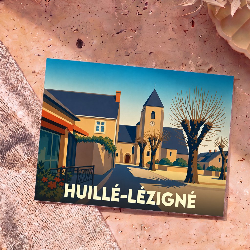 Carte postale souvenir de la ville de Huillé-Lézigné avec une illustration stylisée.