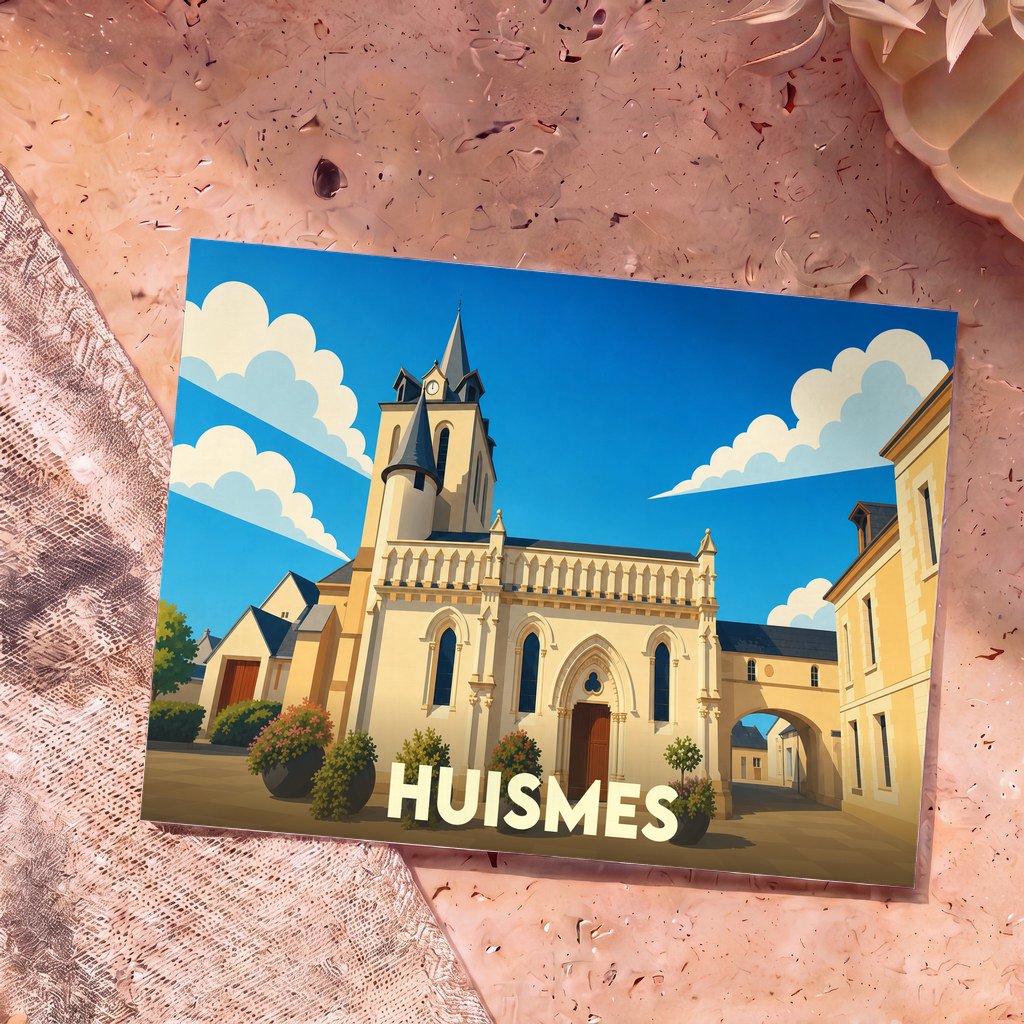 Carte postale souvenir de la ville de Huismes avec une illustration stylisée de son église sous un ciel bleu.