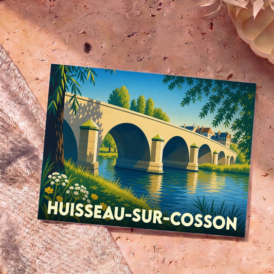Carte postale souvenir de la ville de Huisseau-sur-Cosson illustrant un pont en pierre sur une rivière dans un style graphique épuré.