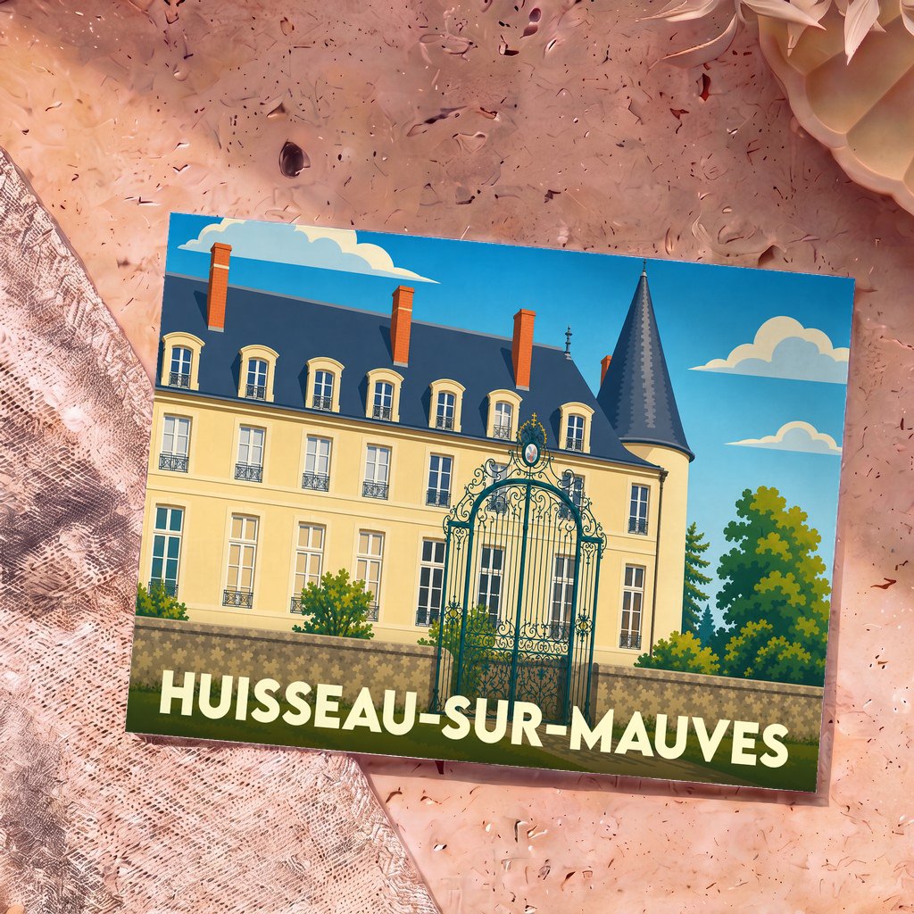 Carte postale souvenir de la ville de Huisseau-sur-Mauves avec une illustration stylisée d'un château derrière une grille en fer forgé.